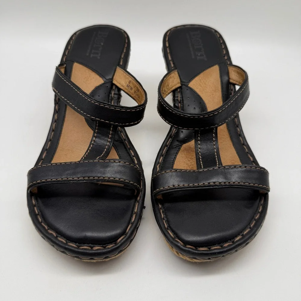 Born Wedge Sandals Womens 8 Black Y2K Leather Espadrille T-Strap Rope W3494